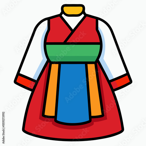 A colorful illustration of a traditional Korean Hanbok dress. The dress features a vibrant red skirt, a blue and green bodice, and long, flowing sleeves.