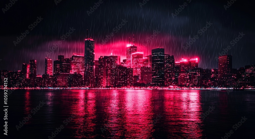 Obraz premium At night, a cyberpunk futuristic city in red light is lit up. Stock image.
