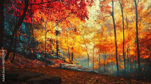 Friends with a mini projector displaying images of vibrant autumn landscapes on a nearby wall, creating an outdoor gallery of fall colors that merges real and digital 