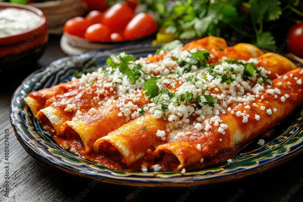 Mexican dish of enchiladas with tomato sauce and cheese Mexican dish of enchiladas with tomato sauce and cheese