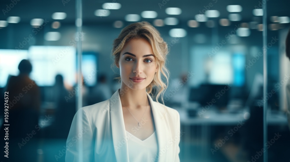 Fototapeta premium Empowered professional in a modern office setting the face of contemporary business success