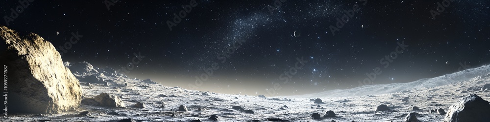 A rocky, barren landscape with a large rock in the foreground. The sky is dark and filled with stars