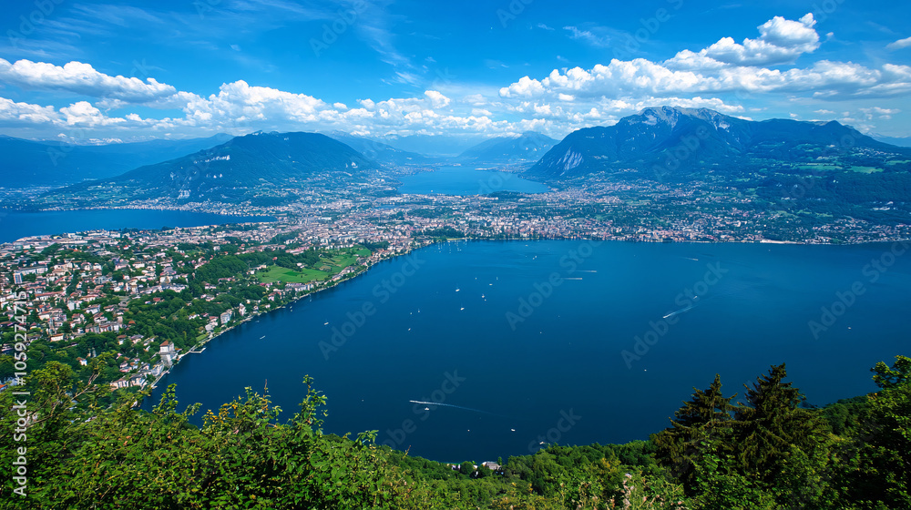 Obraz premium aerial view of lake geneva and swiss mountains on a sunny day