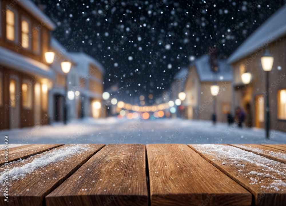 empty wooden table street floor snowy christmas night empty wooden table street floor snowy christmas night