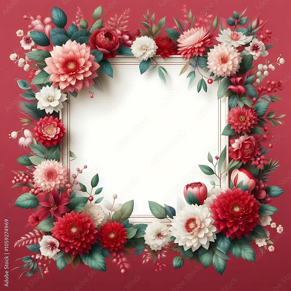Fototapeta premium Floral Frame with Red and White Flowers on a Red Background