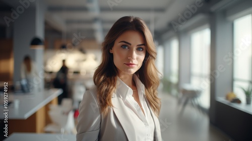 Confident young businesswoman in modern office setting with natural lighting and professional attire