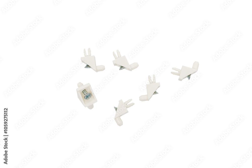 A group of white shelf clips with a screw in the middle. Shelf fastenings are arranged in a row on a transparent PNG background. A group of white shelf clips with a screw in the middle. Shelf fastenings are arranged in a row on a transparent PNG background.