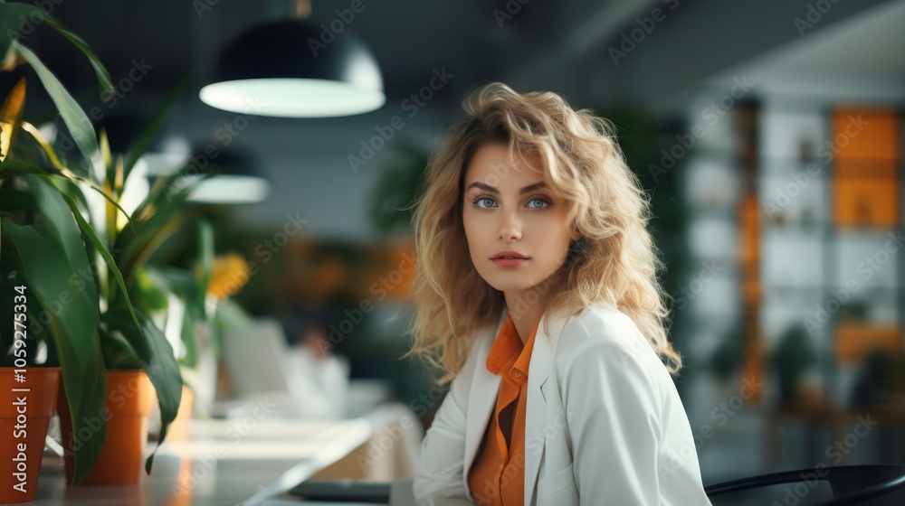 Captivating portrait of a confident businesswoman in a modern workspace surrounded by lush greenery