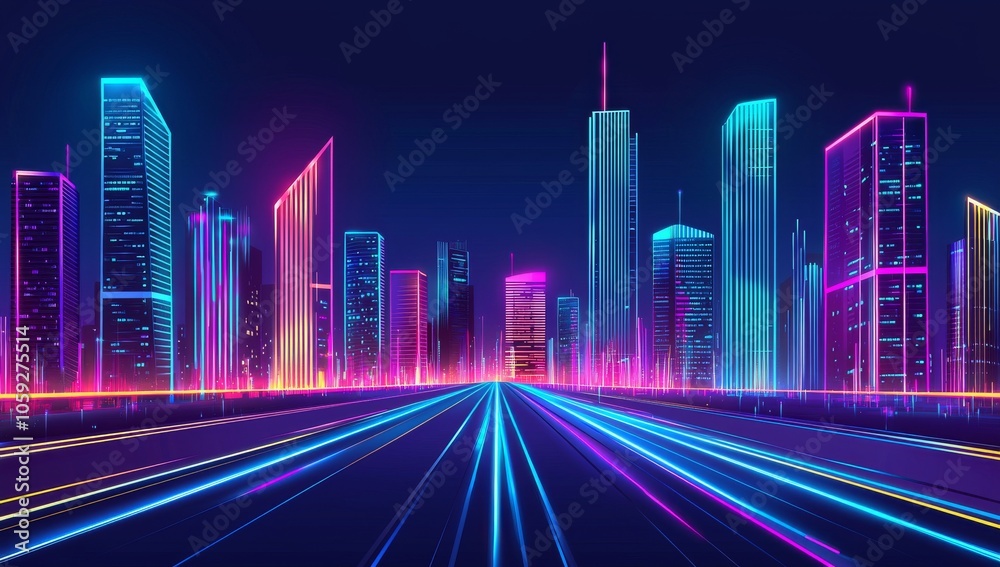 Conceptual illustration of a blue city skyline in a future technology city Conceptual illustration of a blue city skyline in a future technology city
