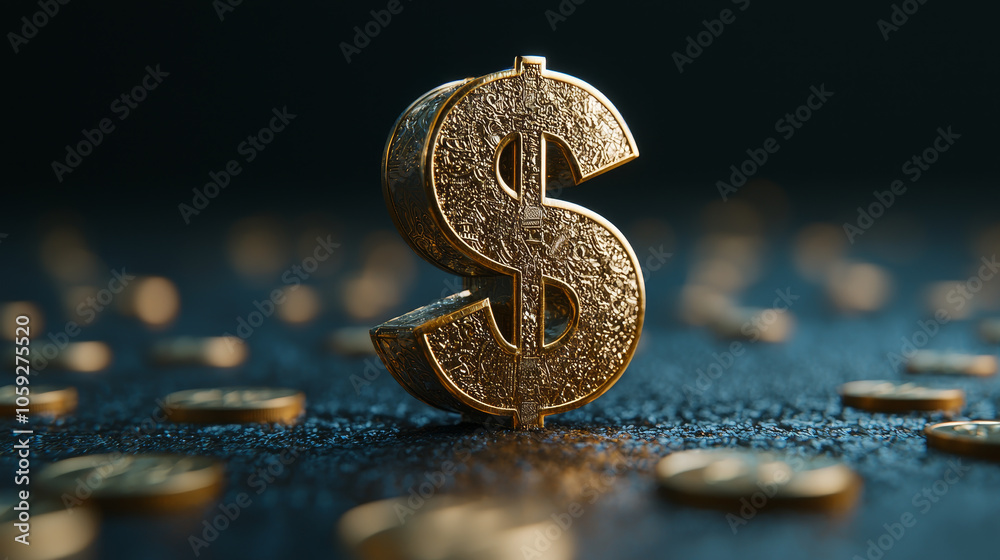 golden dollar sign surrounded by scattered coins, symbolizing wealth and prosperity. intricate design adds elegance to financial theme golden dollar sign surrounded by scattered coins, symbolizing wealth and prosperity. intricate design adds elegance to financial theme