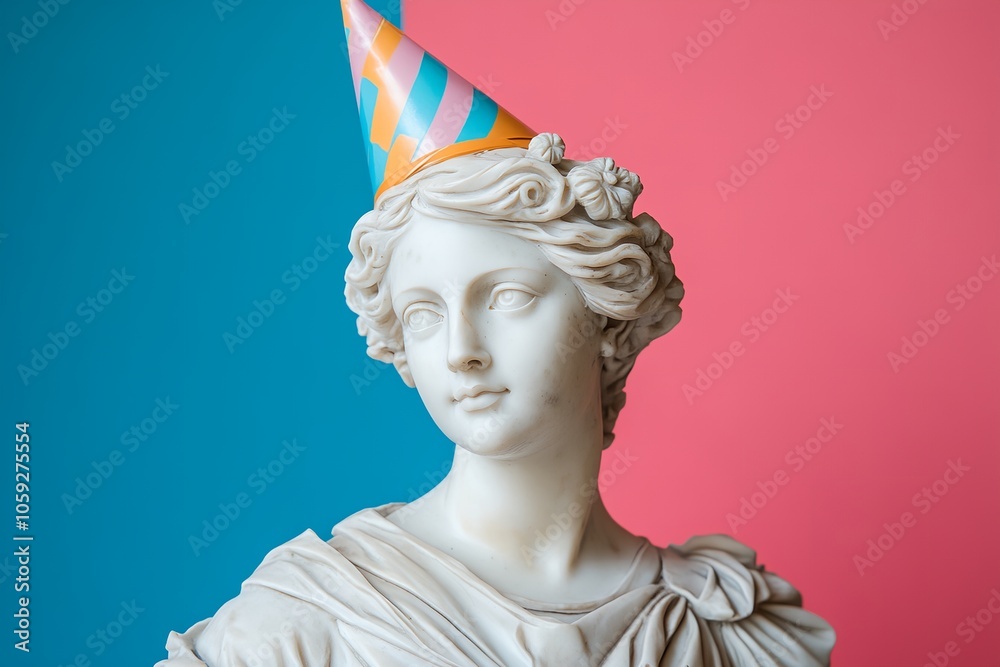 A statue of a woman wearing a party hat. The statue is white and blue. The woman is looking at the camera A statue of a woman wearing a party hat. The statue is white and blue. The woman is looking at the camera