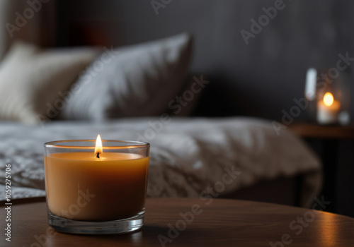 aroma candle on the coffee table close-up, against the backdrop of the bedroom