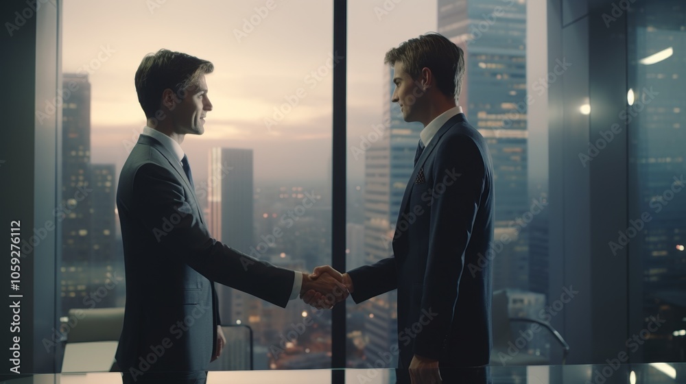 Two business professionals shaking hands in a modern office setting against a cityscape background Two business professionals shaking hands in a modern office setting against a cityscape background