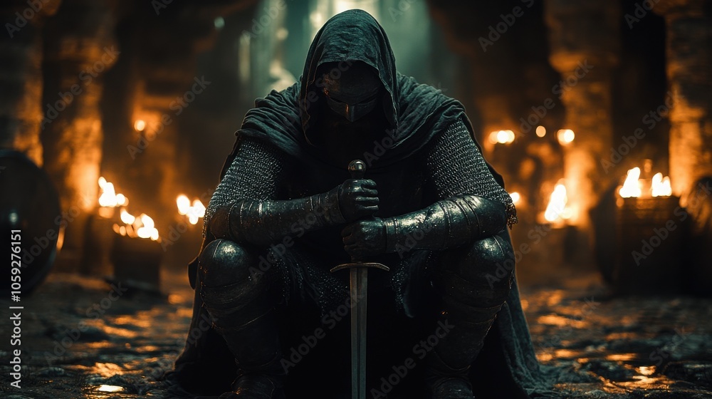 A lone figure, cloaked in black and wielding a sword, sits amidst flickering flames in a dimly lit cavern. A lone figure, cloaked in black and wielding a sword, sits amidst flickering flames in a dimly lit cavern.