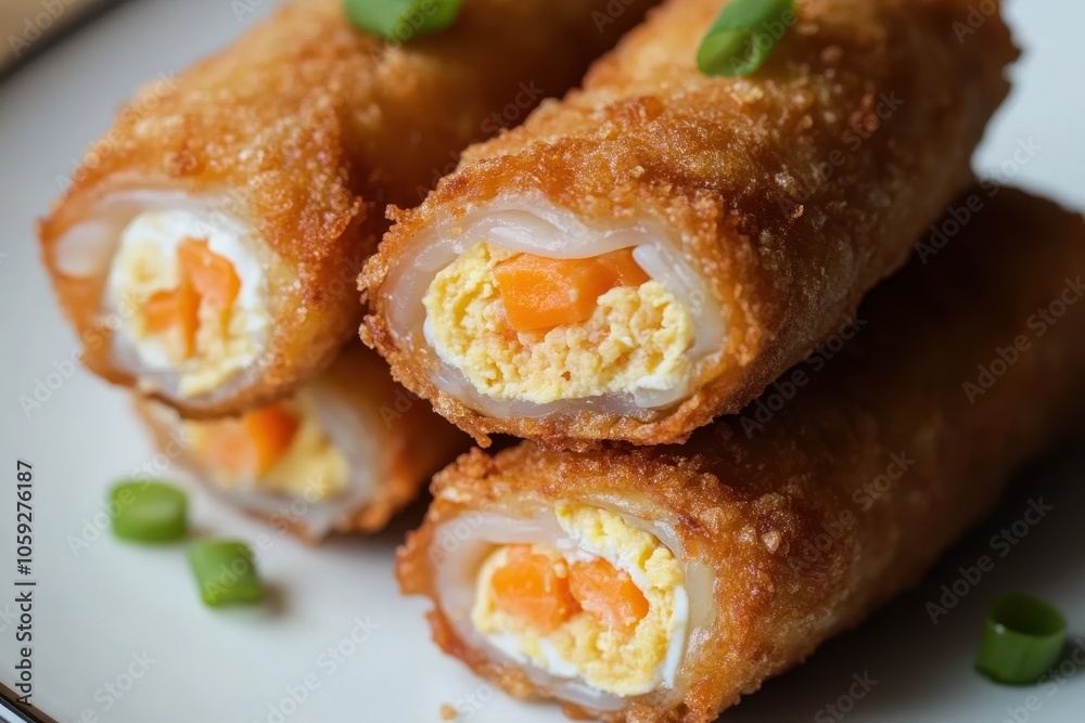 Minced chicken tapioca carrots scallions and eggs rolled steamed and fried into egg rolls