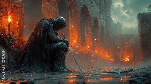 A lone knight kneels in the aftermath of a battle, his sword resting on the ground, as flames lick at the ruined castle walls. photo