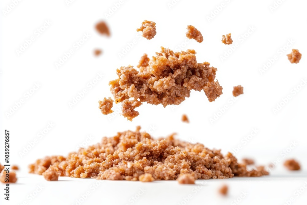 Minced pork and beef falling against a white background with full depth of field Minced pork and beef falling against a white background with full depth of field