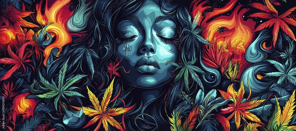 A Woman's Face Surrounded by Vibrant and Stylized Foliage A Woman's Face Surrounded by Vibrant and Stylized Foliage