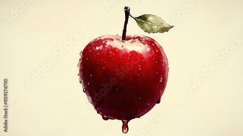 drawing of a red apple with water droplets