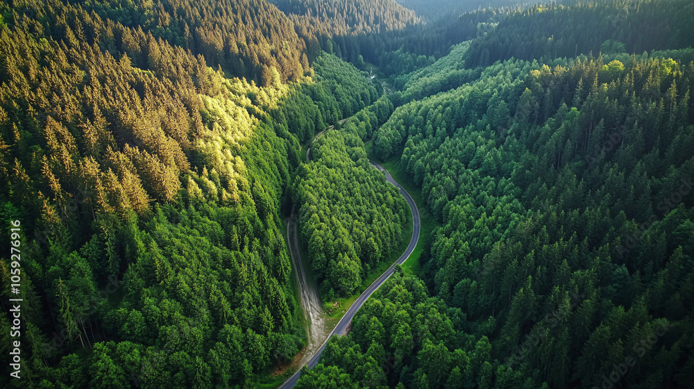 aerial view winding road through lush green forest aerial view winding road through lush green forest