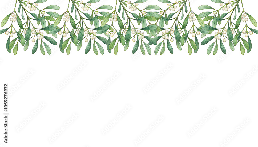Green Watercolor Leaves with White Berries on a White Background Green Watercolor Leaves with White Berries on a White Background