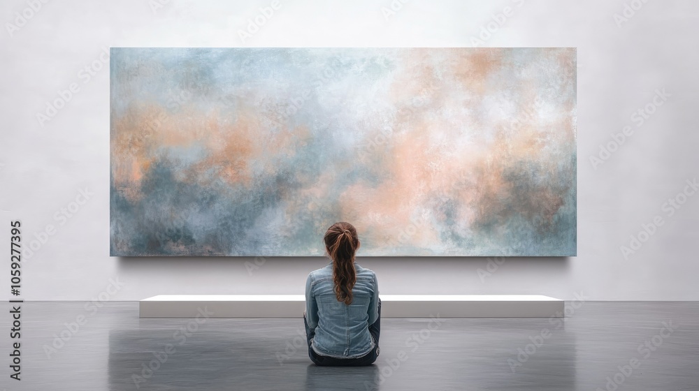 Close-up of a person studying a painting in a quiet gallery, with soft lighting that highlights the artwork's colors and texture against a minimalist background.