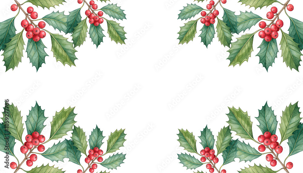 Festive Watercolor Holly Branches With Red Berries Arranged on a White Background for Winter Holiday Decoration Festive Watercolor Holly Branches With Red Berries Arranged on a White Background for Winter Holiday Decoration