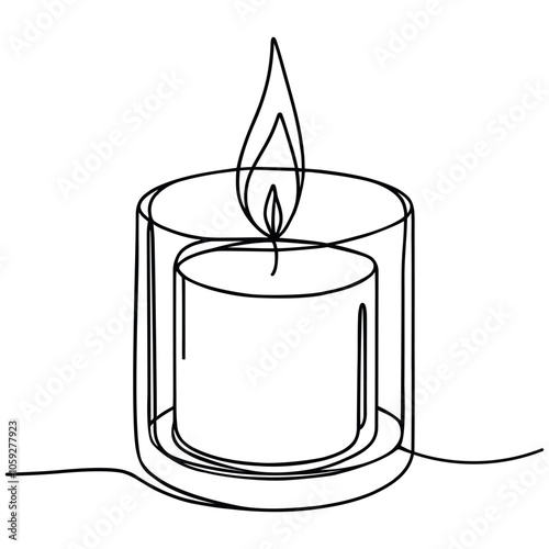 Candle in glass container continuous one line, vector line art illustration.