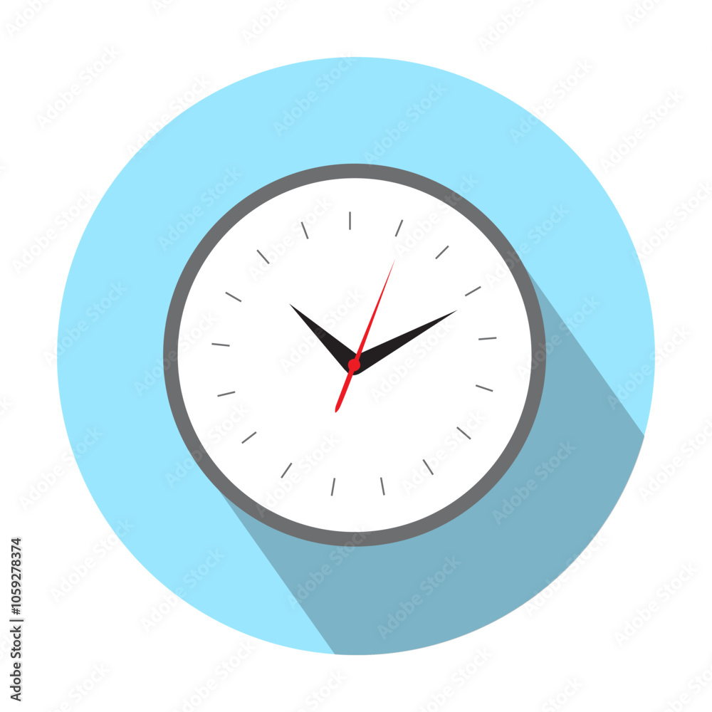Analog wall clock icon inside a light blue circle with a long shadow Analog wall clock icon inside a light blue circle with a long shadow