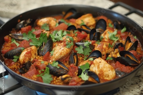 Paella with chicken chorizo and mussels