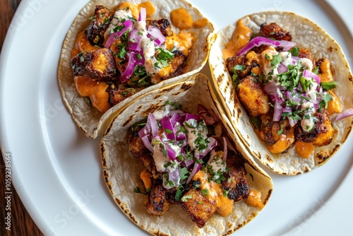 Overhead shot of three quesabirria tacos on a white dish photo