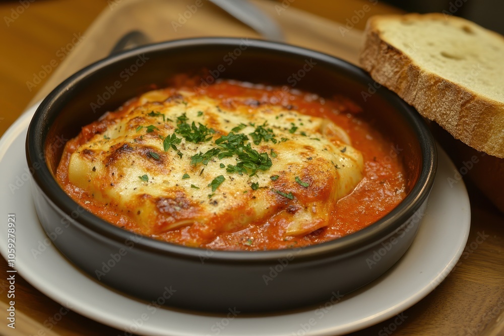 Pasta tubes filled with ground meat topped with tomato sauce and served with toast Pasta tubes filled with ground meat topped with tomato sauce and served with toast