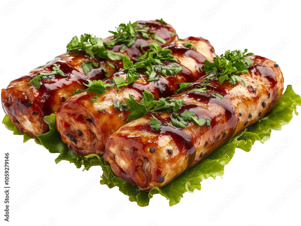 Grilled chicken rolls with barbecue glaze and fresh herbs on a transparent background, ideal for BBQ and party appetizers Grilled chicken rolls with barbecue glaze and fresh herbs on a transparent background, ideal for BBQ and party appetizers