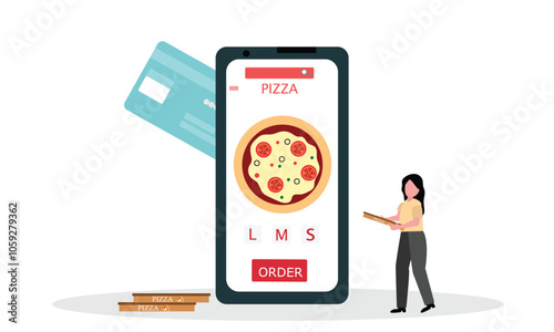 young woman orders a pizza through a smartphone delivery app.