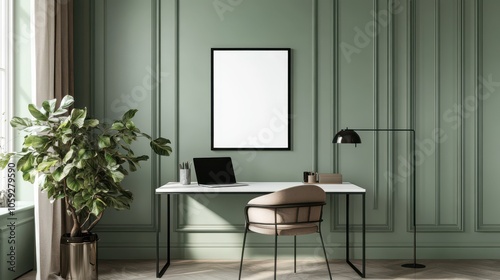 Modern home office scene featuring a blank white poster mockup in a thin black frame. Clean desk setup with MacBook, lamp, and mid-century chair against pale sage green walls. 8K detail.