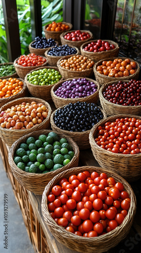 A vibrant display of colorful fruits in baskets for Kwanzaa, symbolizing abundance and cultural significance.