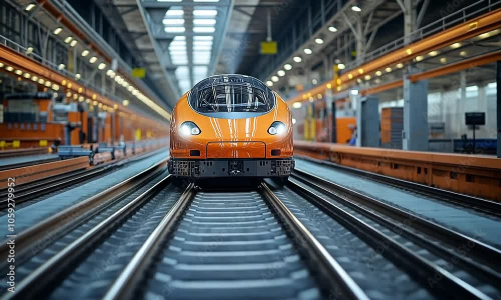 A sleek orange train positioned on railway tracks in a factory setting. A sleek orange train positioned on railway tracks in a factory setting.