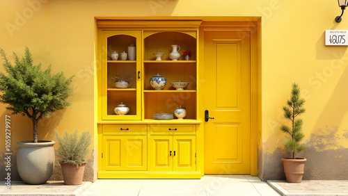 Vibrant DÎcor: A Charming Yellow China Cabinet Set Against an old Building Showcasing Beautiful Contrasts