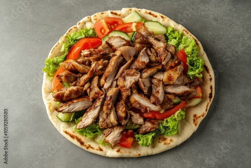 Pita filled with grilled chicken vegetables and doner kebab Gray backdrop Bird s eye view photo