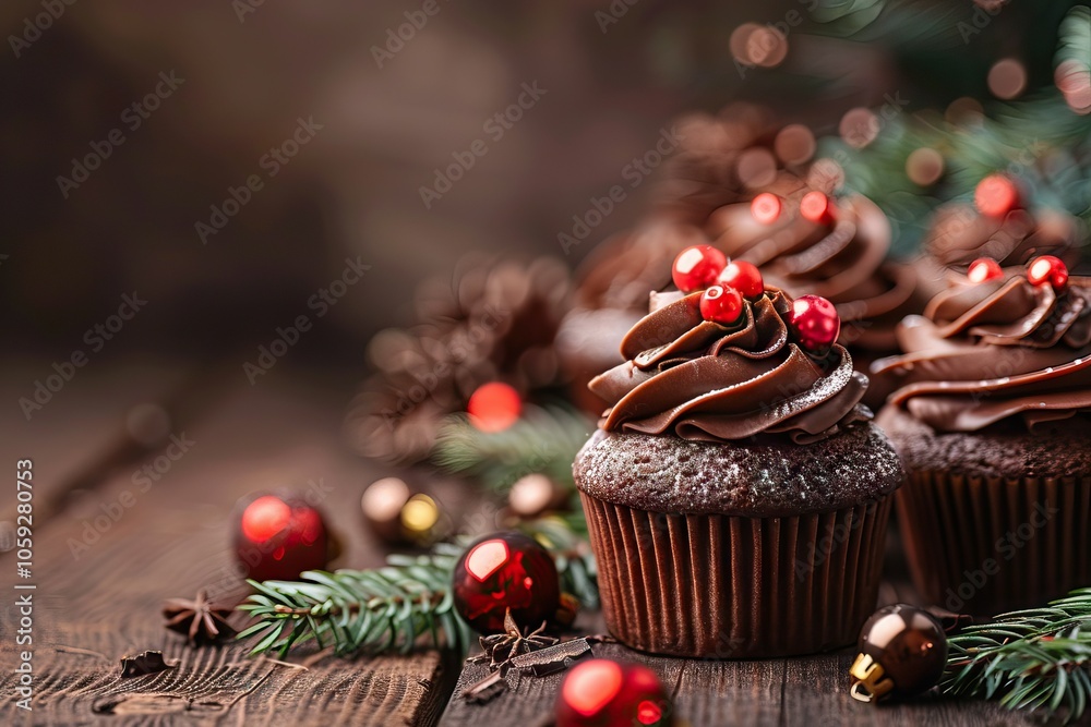 Christmas holiday chocolate cupcakes treats against a dark wood background. Negative copy space. Christmas holiday chocolate cupcakes treats against a dark wood background. Negative copy space.