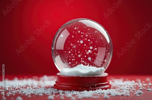 Empty Christmas snow globe on a red background with delicate snowfall and copy space for text. 