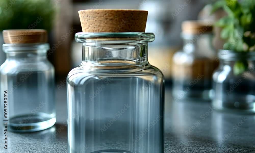 Glass bottles with cork lids on a table, showcasing simplicity. Glass bottles with cork lids on a table, showcasing simplicity.