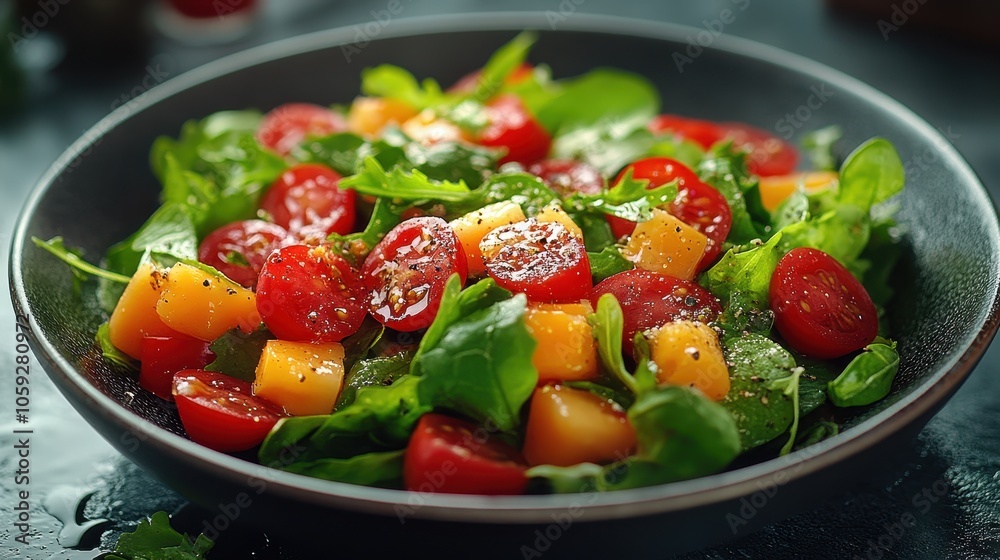 Vibrant Salad Delight, A crisp salad featuring fresh greens and a light drizzle, designed for clean and appealing advertising visuals.
