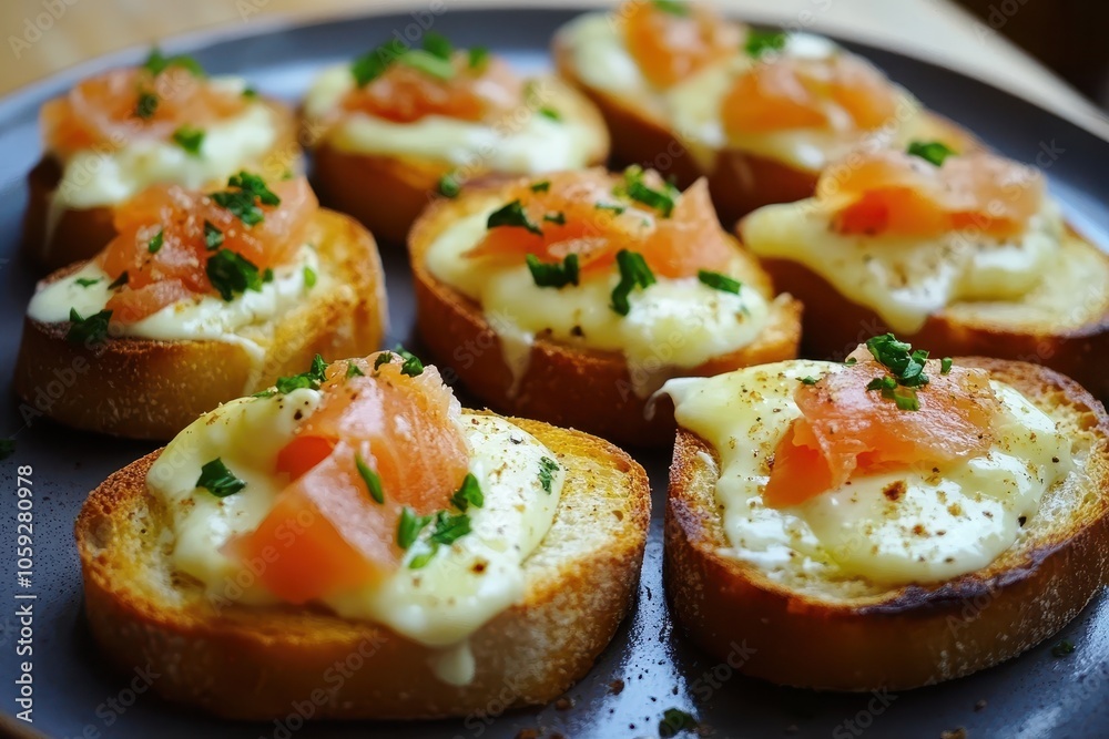 Plate of tasty canapés with smoked salmon and cream cheese European starters Plate of tasty canapés with smoked salmon and cream cheese European starters