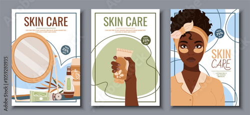 Skin care flyer design set. Poster with dark skinned woman with moisturizing eye patches. Facial skin care, skin moisturizing. Banner for beauty salon, spa, etc.