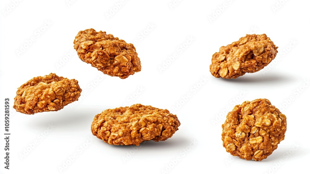 Falling oatmeal cookies isolated on a white background, highlighting their golden color and delicious texture. Falling oatmeal cookies isolated on a white background, highlighting their golden color and delicious texture.