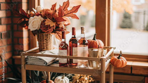 Autumnal Wine Cart with Pumpkins and Flowers