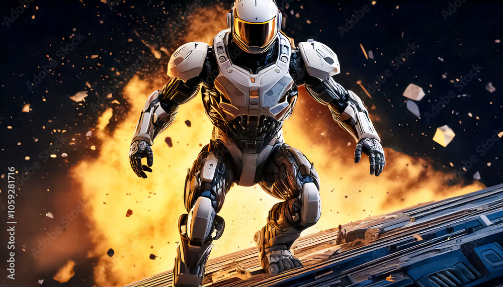 Fototapeta premium Astronaut, alien, robot in armored spacesuit in action on a spaceship surface. Starship troopers, star wars, space exploration, space science. Explosion, unfriendly planet, space war