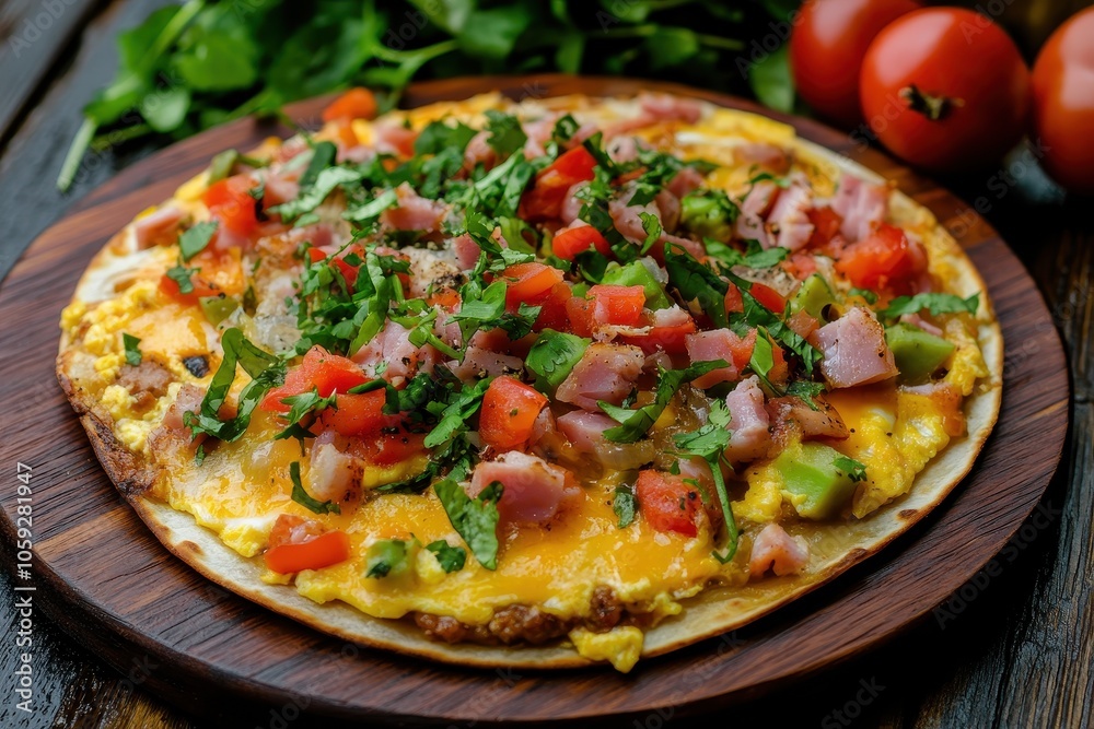 Quesadilla filled with scrambled eggs veggies ham and cheese a traditional Mexican dish