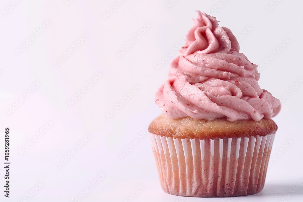 Strawberry frosted cupcake on white background with copy space. Strawberry frosted cupcake on white background with copy space.